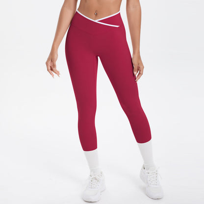 Nude Feel Skinny Yoga Pants Contrast Color Sexy Hip Lifting Cross High Waist Cropped Pants Women Sports Fitness Pants