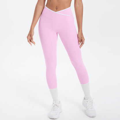 Nude Feel Skinny Yoga Pants Contrast Color Sexy Hip Lifting Cross High Waist Cropped Pants Women Sports Fitness Pants