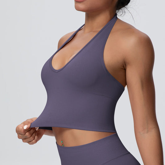Solid Color Sports Back Shaping High Strength Poly Vest Breathable Waist Trimming Knitted Halter Bra Fitness Clothes Yoga Clothes