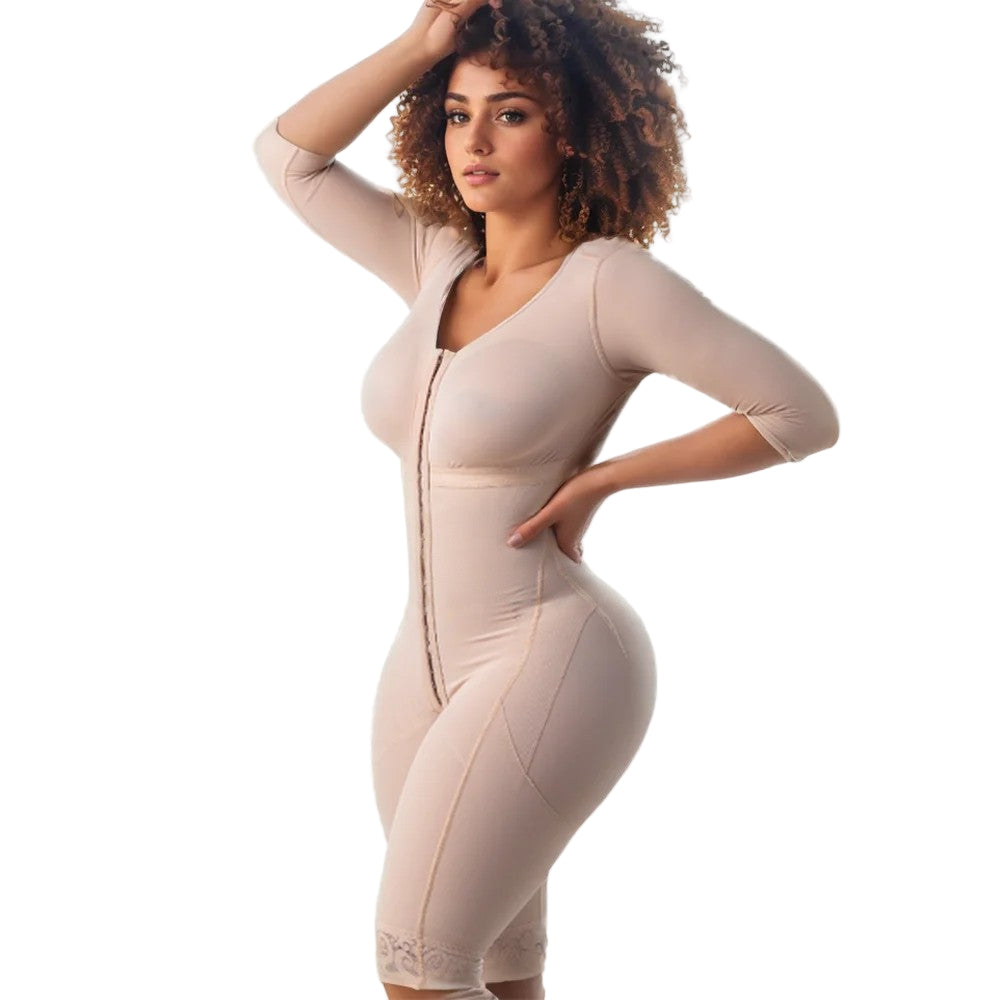 Woman wearing a beige shapewear garment against a white background