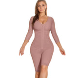 Woman wearing a mauve bodycon dress against a neutral background