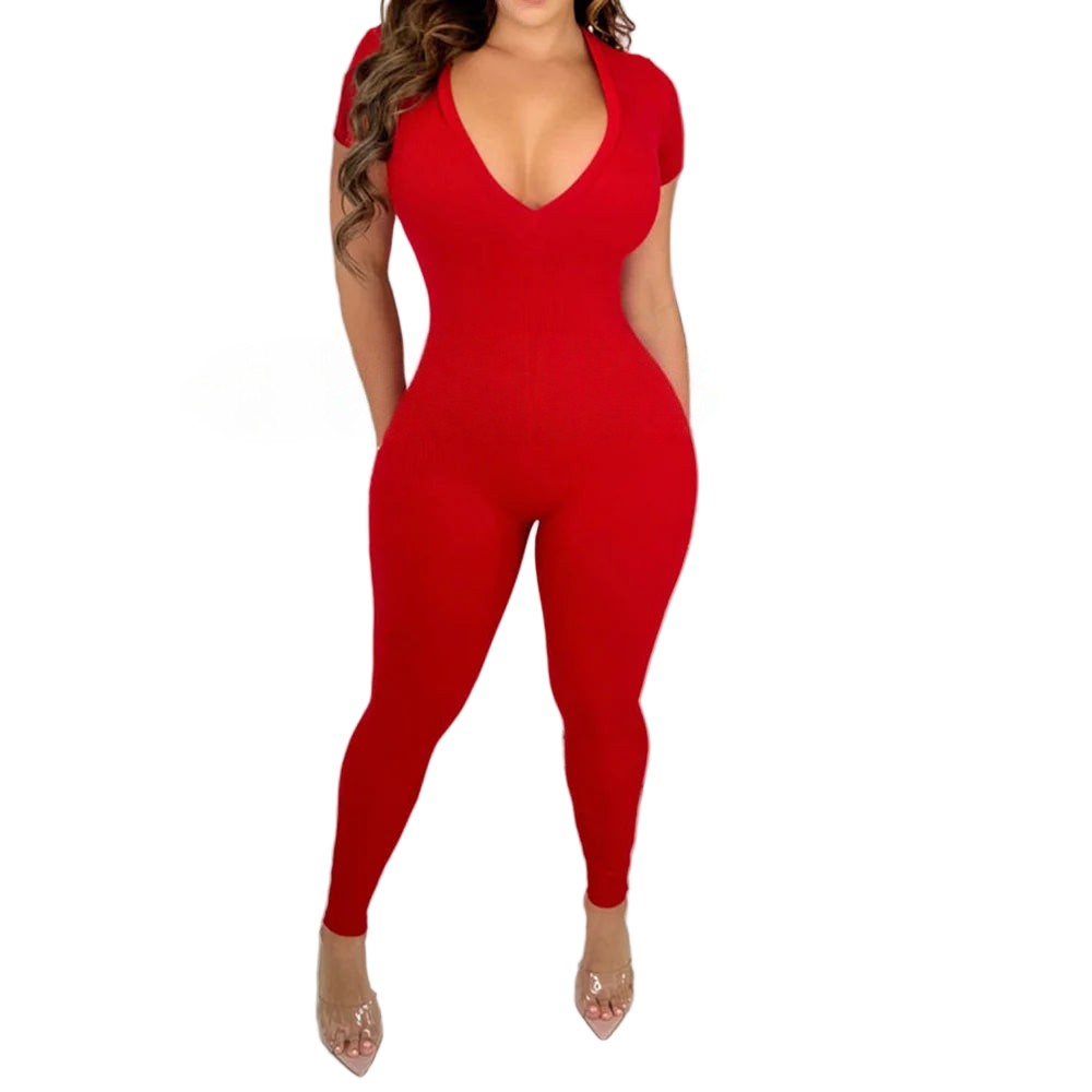 Lady One-Piece Short Sleeve Bodycon Jumpsuit