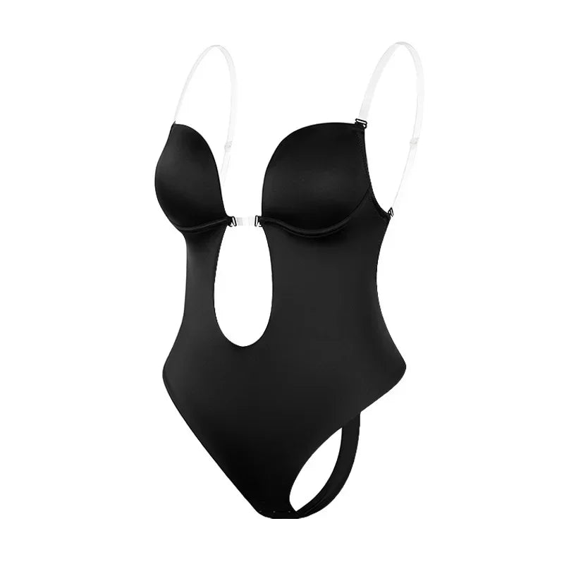 Backless Deep V-Neck Bodysuit Shapewear with Clear Straps & Push-Up Support