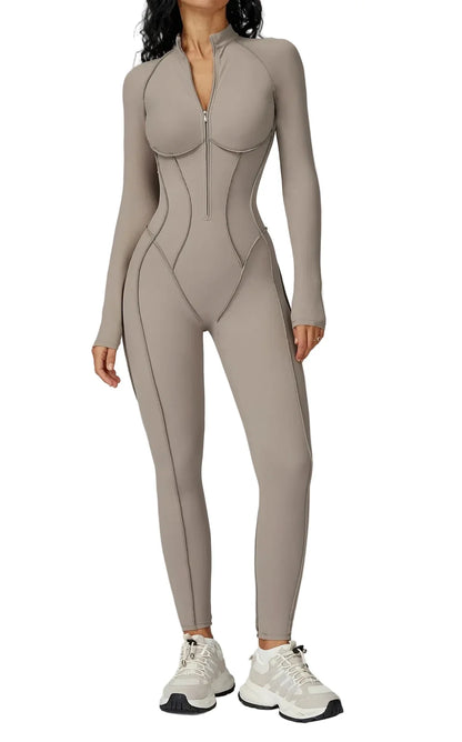 FlexSculpt Zip-Up Yoga Bodysuit – Long Sleeve Compression Jumpsuit