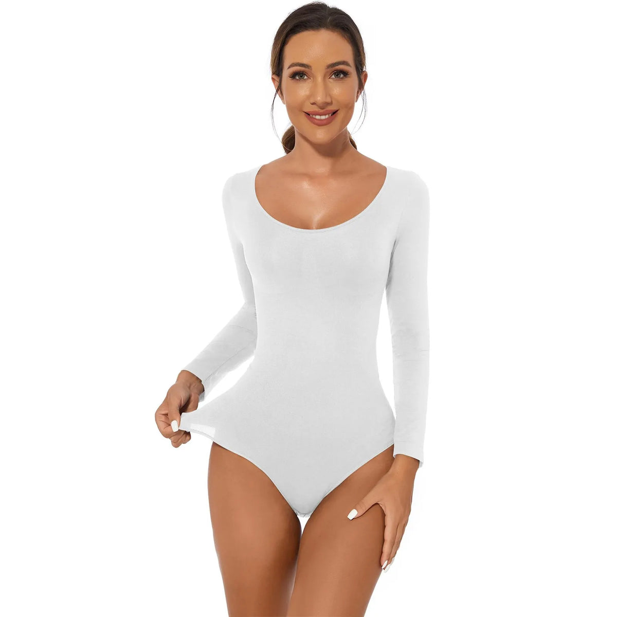 Women's Long Sleeve Thong Bodysuit – Light Control Shapewear with Waist Slimming & Breathable Stretch Fabric