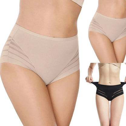 High Waist Briefs Women Seamless Panties Strechy Mesh Patchwork Breathable Lingerie Tummy Control Shapewear Glossy Underwear