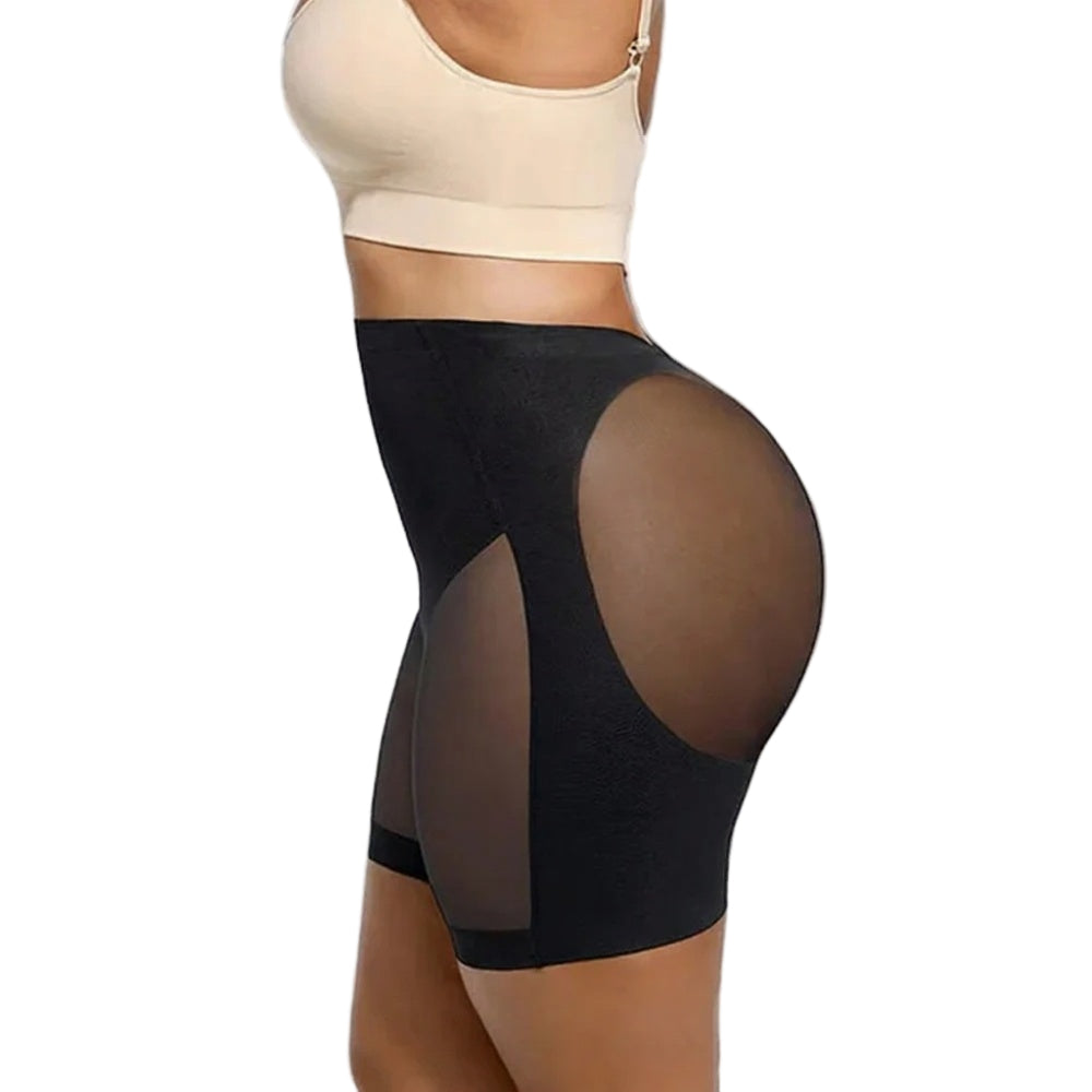 Black sheer shorts with beige top on a white background