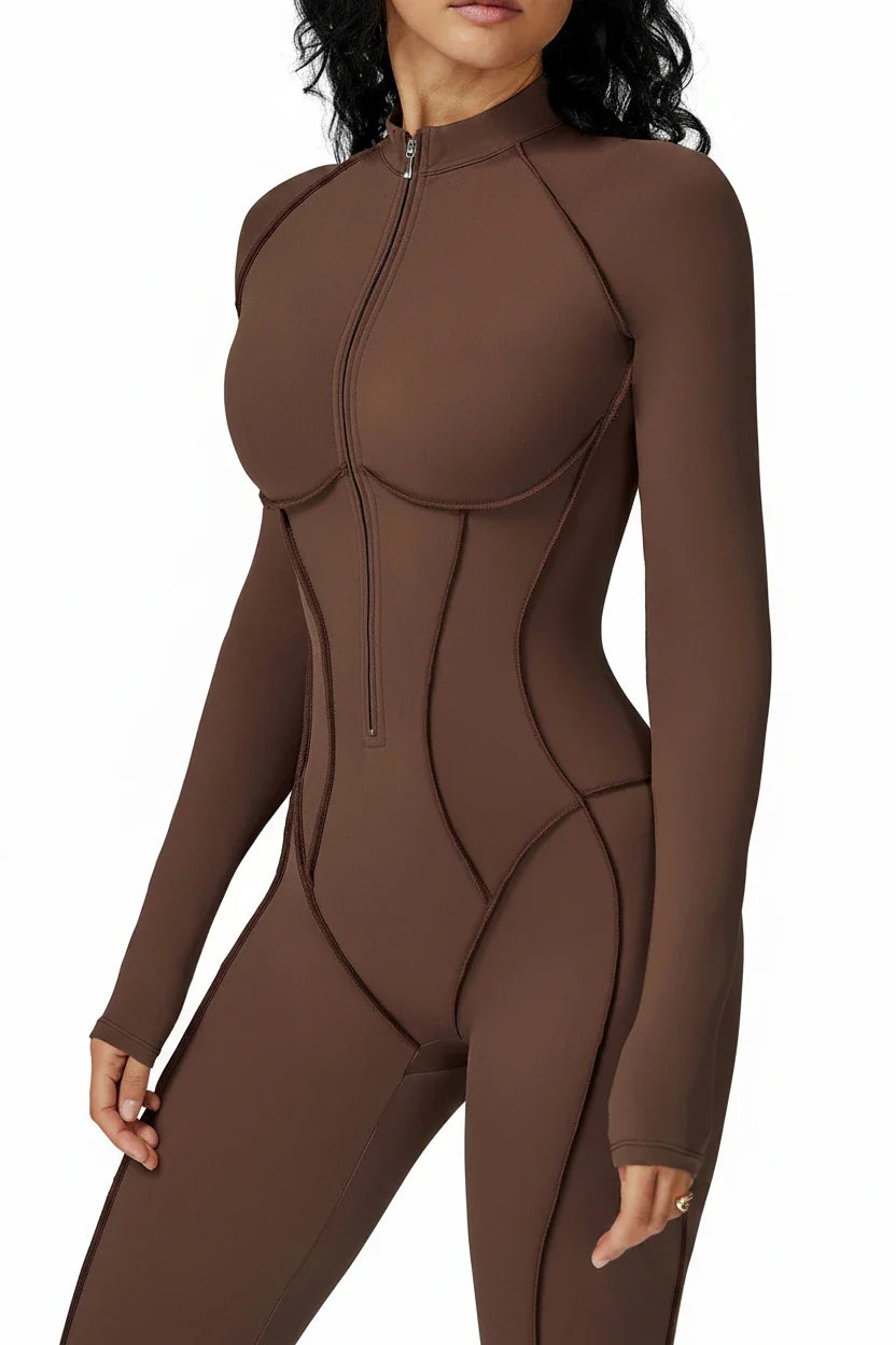 FlexSculpt Zip-Up Yoga Bodysuit – Long Sleeve Compression Jumpsuit