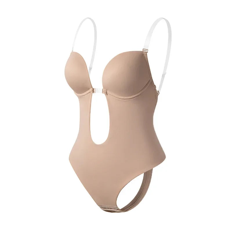 Backless Deep V-Neck Bodysuit Shapewear with Clear Straps & Push-Up Support
