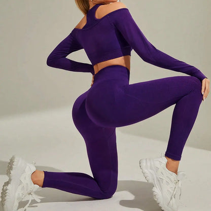 Women's Off-Shoulder Yoga Set – Seamless Top & Leggings