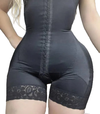 A pair of high-waisted white butt lifter shaping shorts with a decorative lace trim and front zipper closure, designed for tummy control and waistline enhancement.