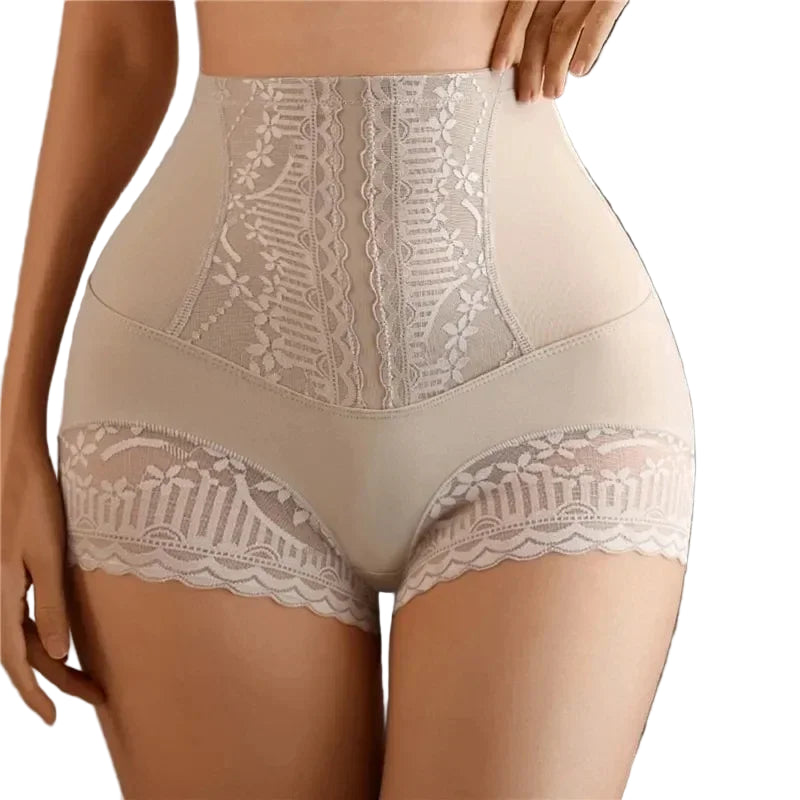 Beige shapewear with lace details on a neutral background
