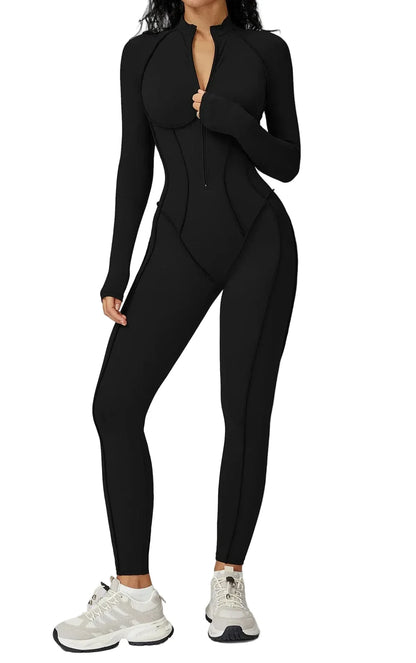 FlexSculpt Zip-Up Yoga Bodysuit – Long Sleeve Compression Jumpsuit