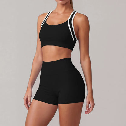 Summer 2 Pieces Yoga Sets Women Color Contrast Back I-shaped Shockproof Sports Bra High Waist Shorts Gym Fitness Suit Tracksuit