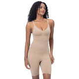 Woman wearing a beige shapewear bodysuit against a light purple background