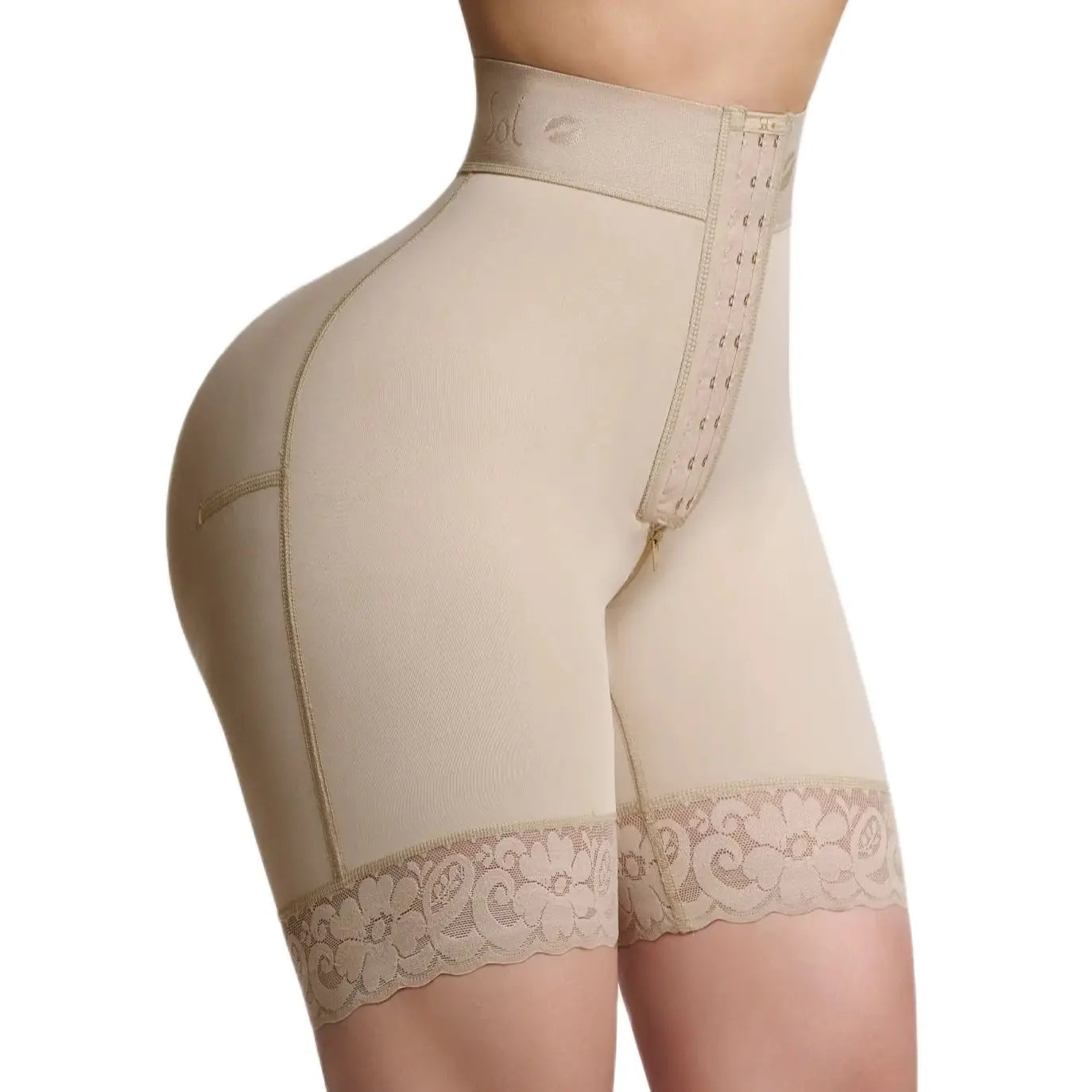Beige shapewear with lace trim on a white background