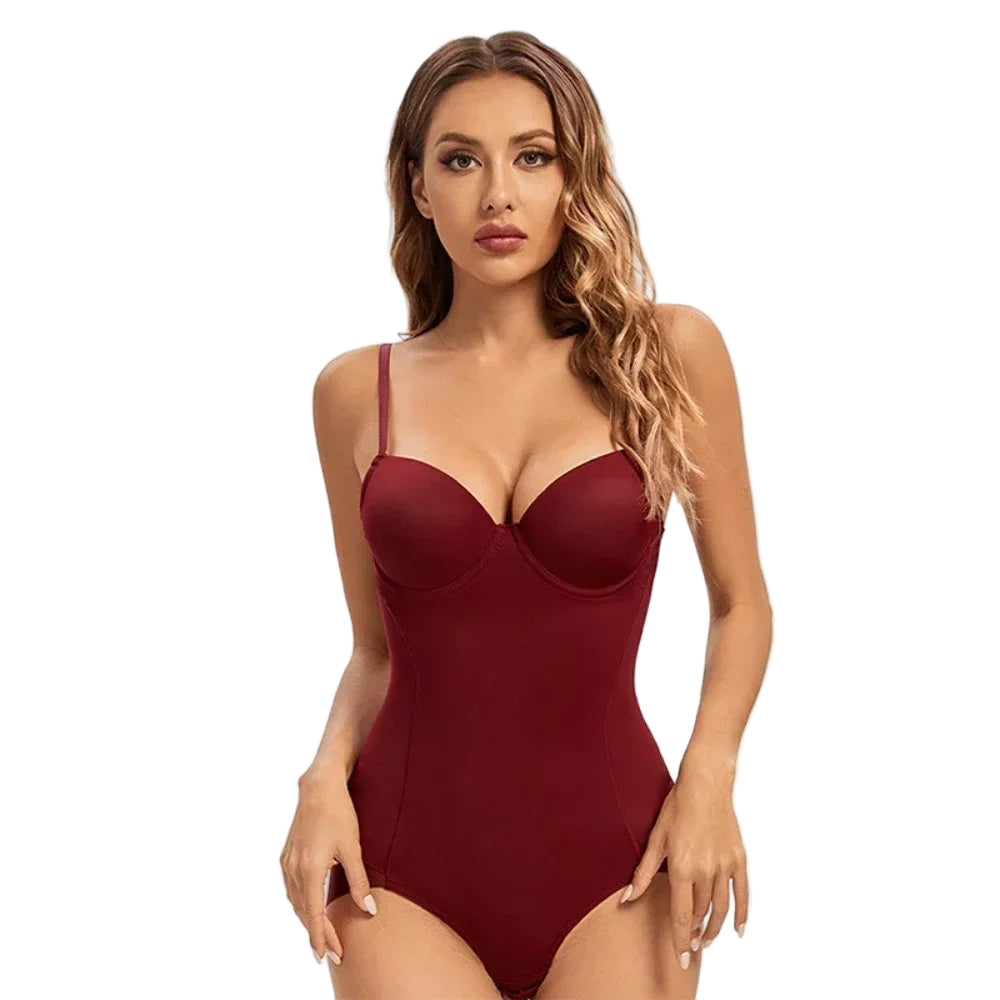 Woman wearing a burgundy bodysuit on a white background
