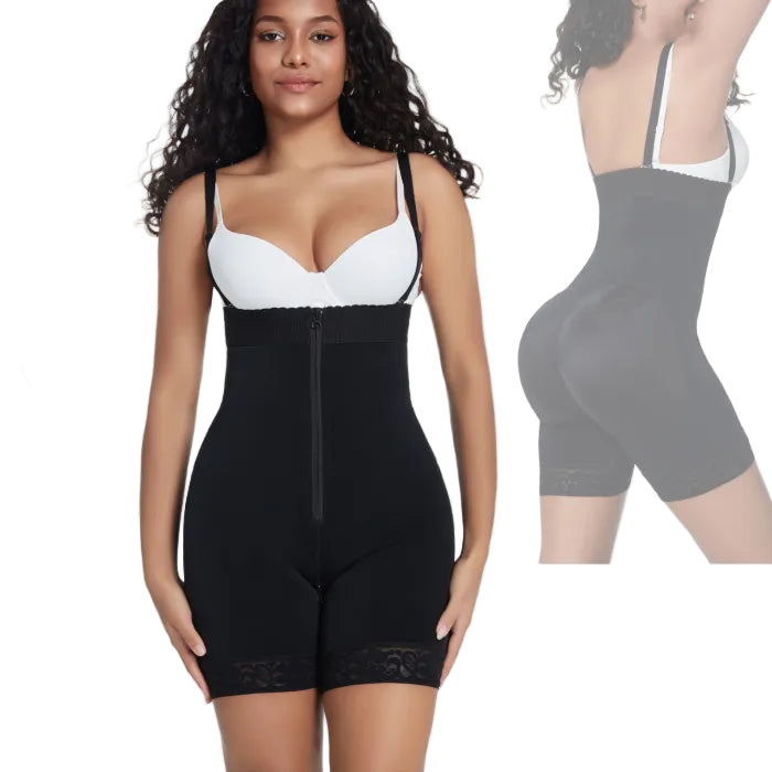 Custom Lace Trim Zip Front Shapewear Bodysuit – Butt Lifter with Triple Mesh Waist Control Fajas