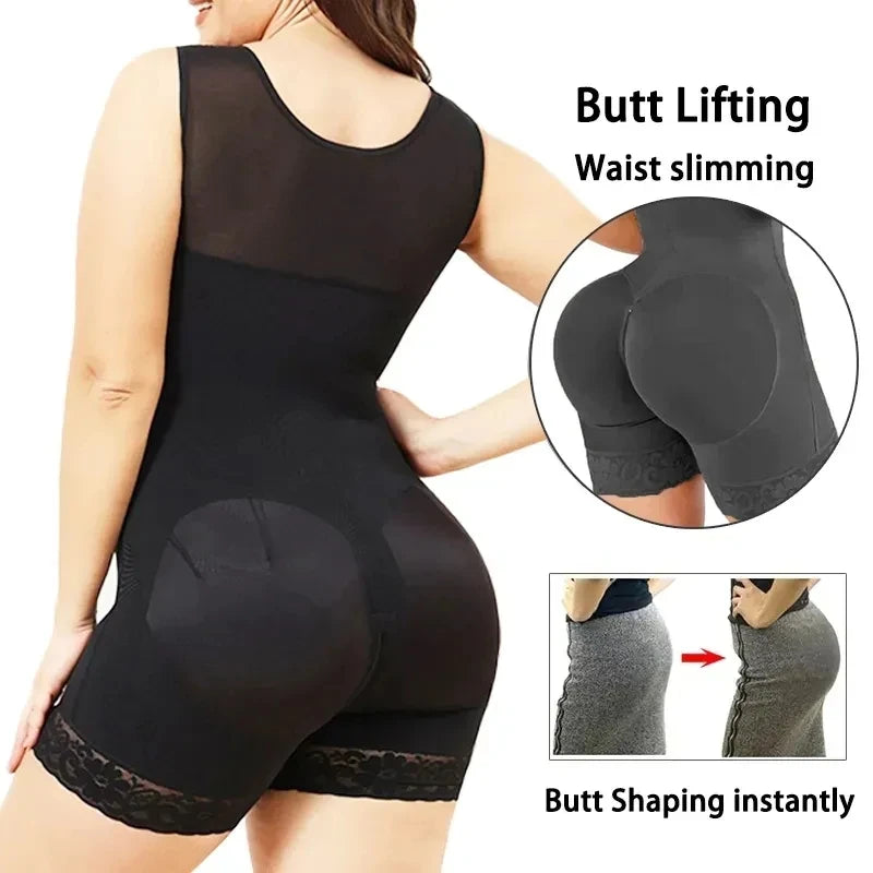 High Compression Fajas Bodysuit Shapewear with Bust Support & Lace – Post-Surgical & Daily Use