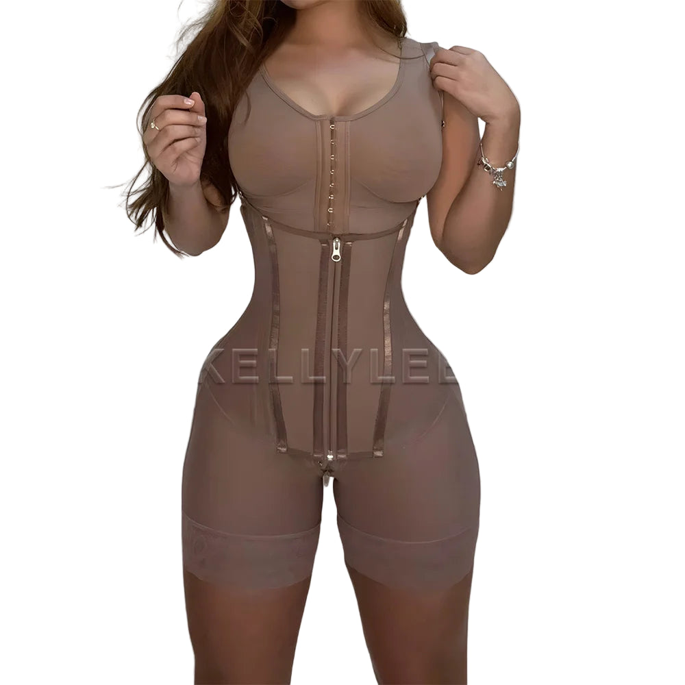 Brown shapewear bodysuit worn by a model on a white background with 'KELLYLEE' branding.