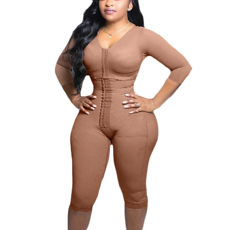 Women's Full Body Shapewear with Sleeves – Knee-Length Slimming Bodysuit with Butt Lifter & Front Hook Waist Trainer