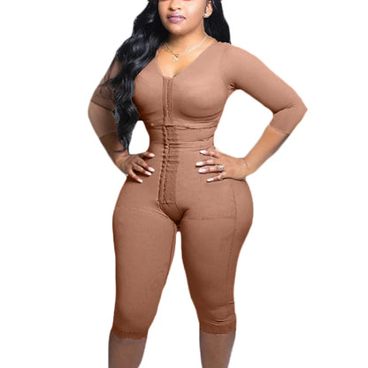 Women's Full Body Shapewear with Sleeves – Knee-Length Slimming Bodysuit with Butt Lifter & Front Hook Waist Trainer