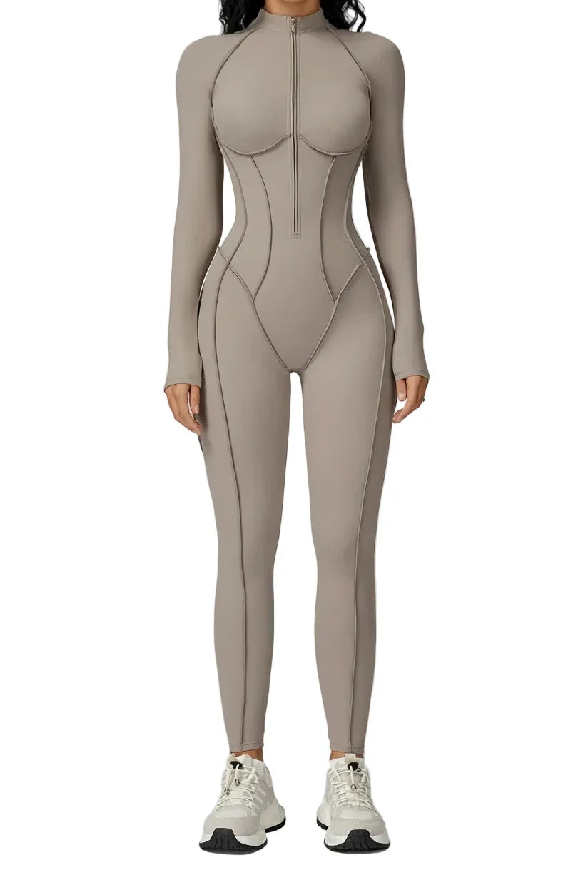 FlexSculpt Zip-Up Yoga Bodysuit – Long Sleeve Compression Jumpsuit