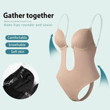 Backless Deep V-Neck Bodysuit Shapewear with Clear Straps & Push-Up Support