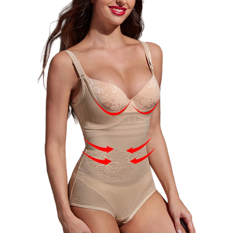 Woman wearing a beige shapewear bodysuit with red arrows indicating features on a dark background