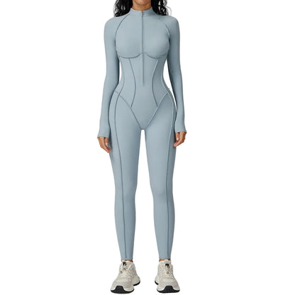 FlexSculpt Zip-Up Yoga Bodysuit – Long Sleeve Compression Jumpsuit
