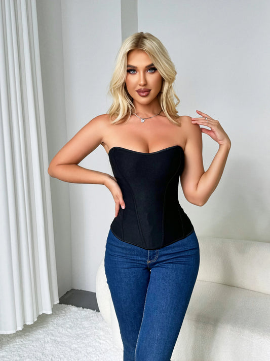 Womenâ€™s New Zipper Front Corset, Black Seamless Stretch Boned Bustier, Slimming Curve-Hugging Shapewear Top