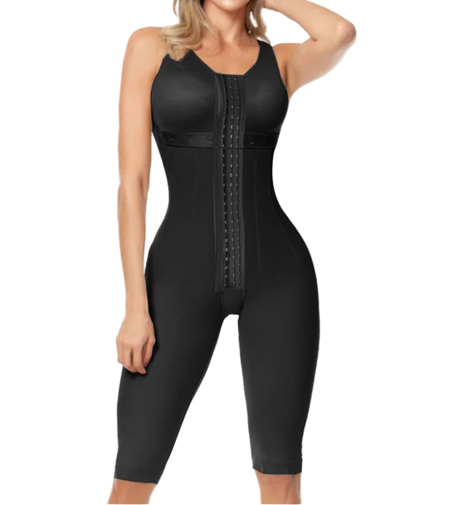 Black body shaper worn by a model on a white background