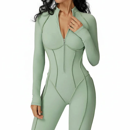 FlexSculpt Zip-Up Yoga Bodysuit – Long Sleeve Compression Jumpsuit