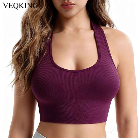 VEQKING Seamless Ribbed Racerback Sports Bra