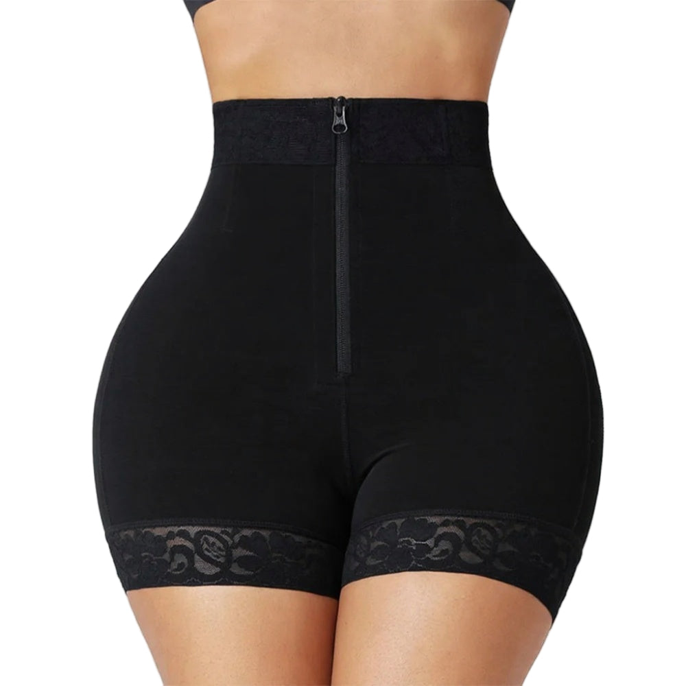 Black shapewear shorts with lace trim on a white background