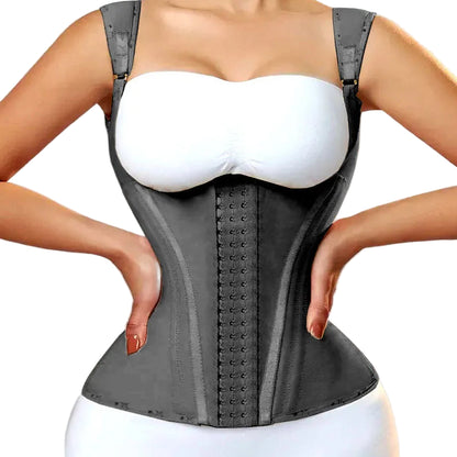 Gray waist trainer worn by a person on a light gray background
