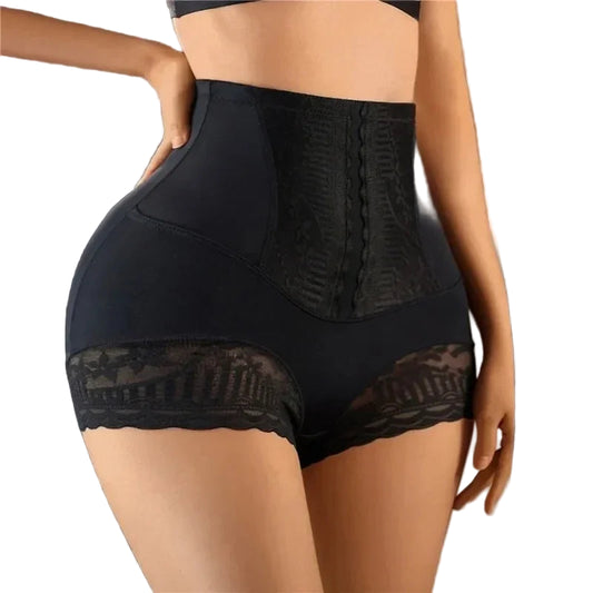 Black high-waisted underwear with lace trim on a blurred background