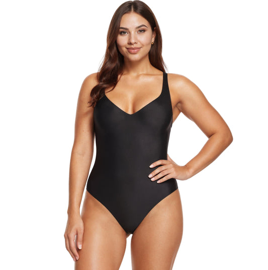 Woman wearing a black swimsuit on a white background with 'Zohime' branding.