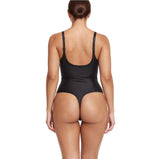 Black swimsuit worn by a model on a white background with 'Zoyiame' branding.