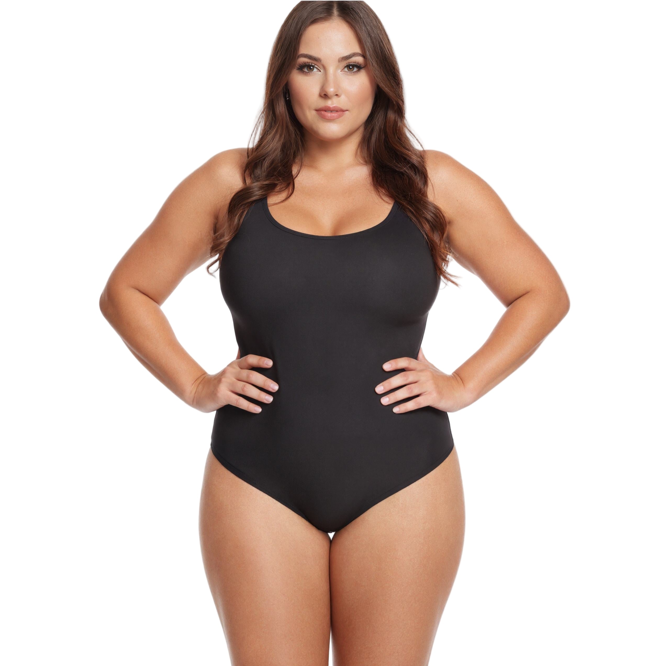 Woman wearing a black swimsuit on a white background with 'Zohyame' branding.