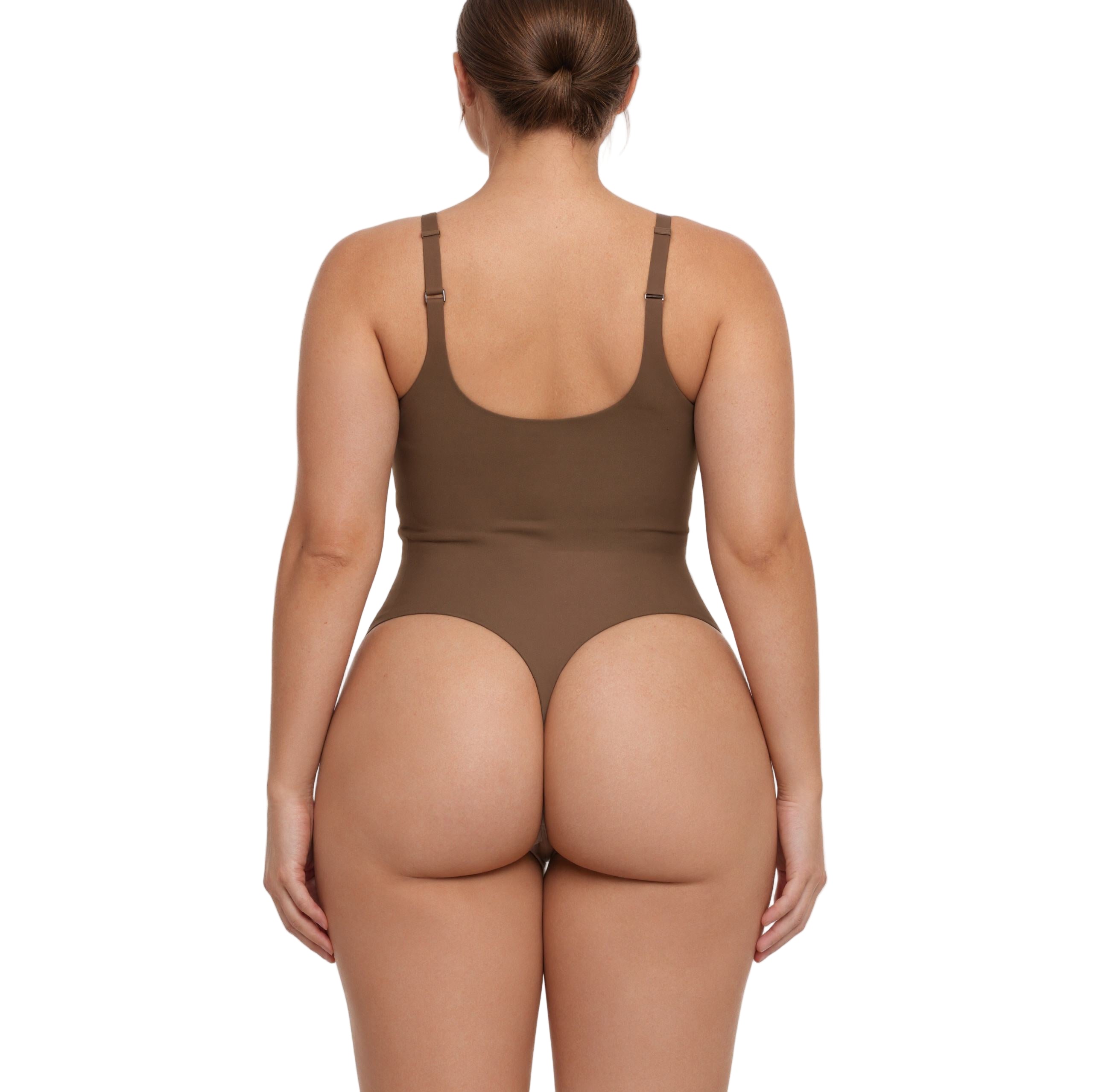 Brown bodysuit worn by a model on a white background with 'Zoyiame' branding.