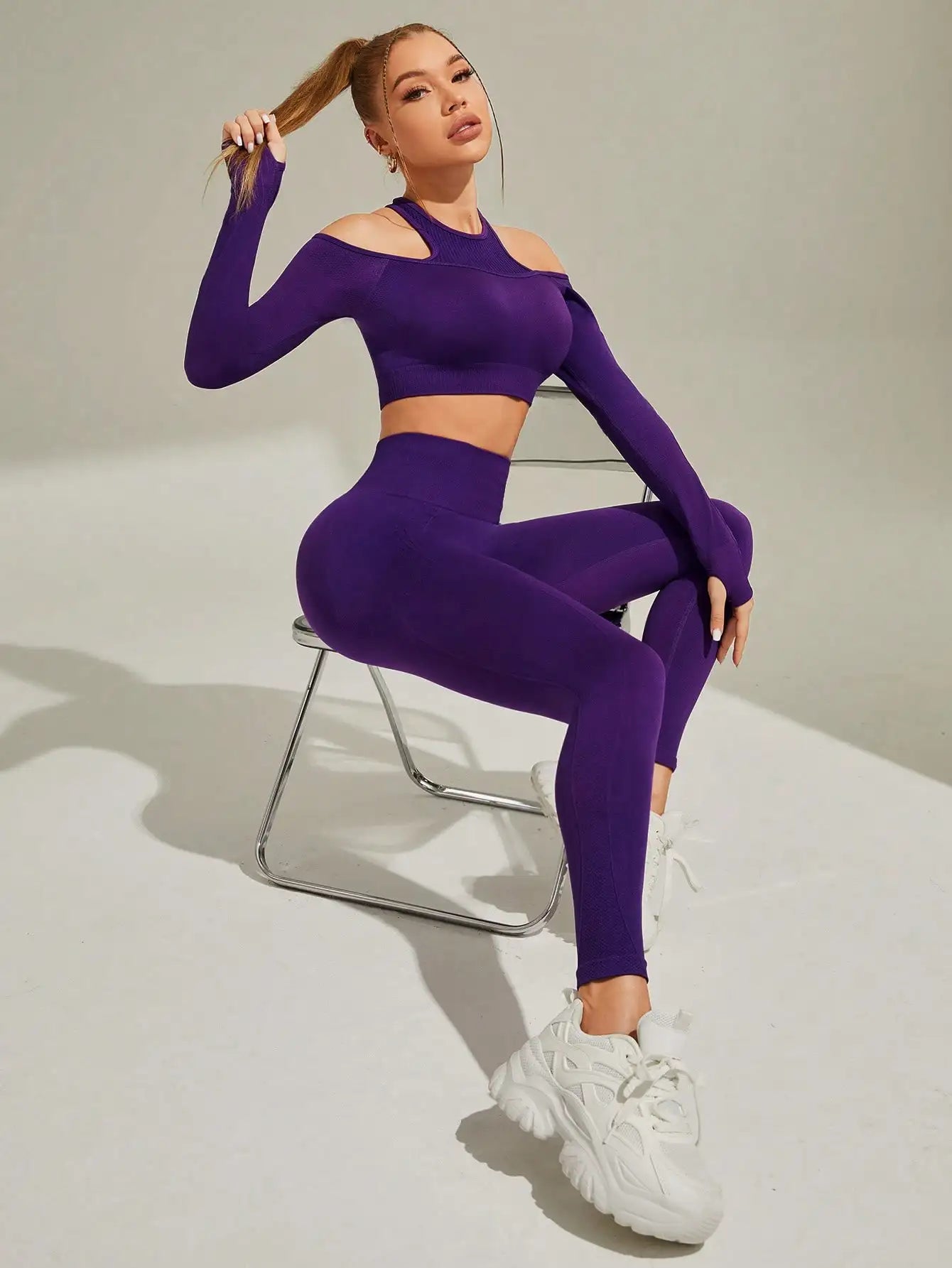 Women's Off-Shoulder Yoga Set – Seamless Top & Leggings