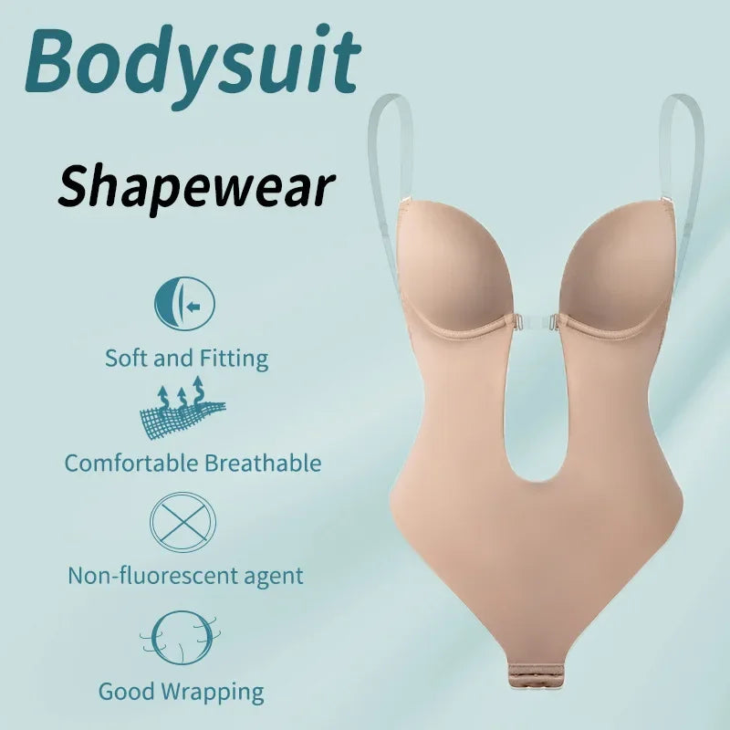 Backless Deep V-Neck Bodysuit Shapewear with Clear Straps & Push-Up Support