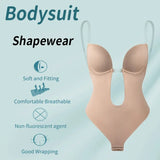 Backless Deep V-Neck Bodysuit Shapewear with Clear Straps & Push-Up Support