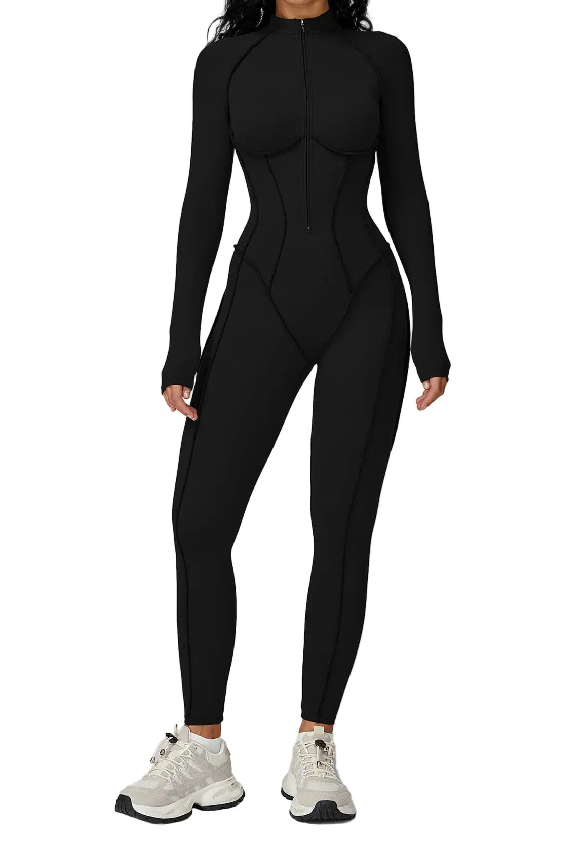 FlexSculpt Zip-Up Yoga Bodysuit – Long Sleeve Compression Jumpsuit