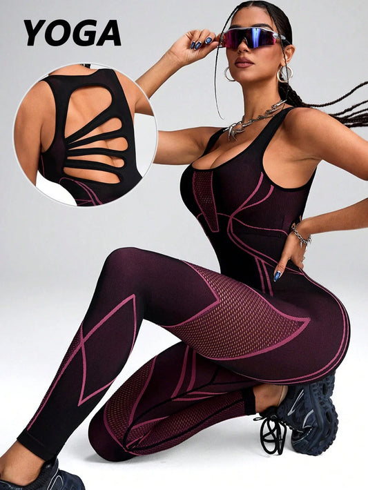 Chic Color-Block Women's Yoga Jumpsuit