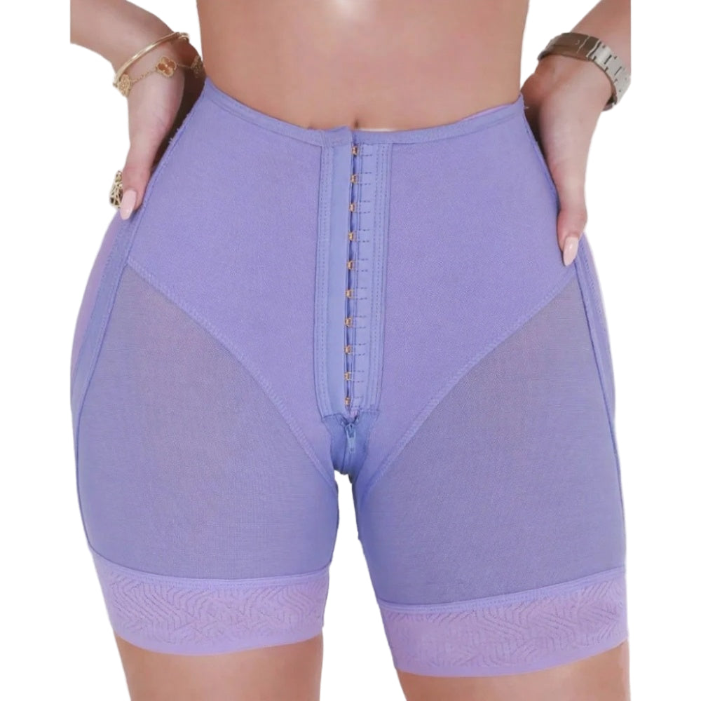 Purple shapewear shorts on a plain background