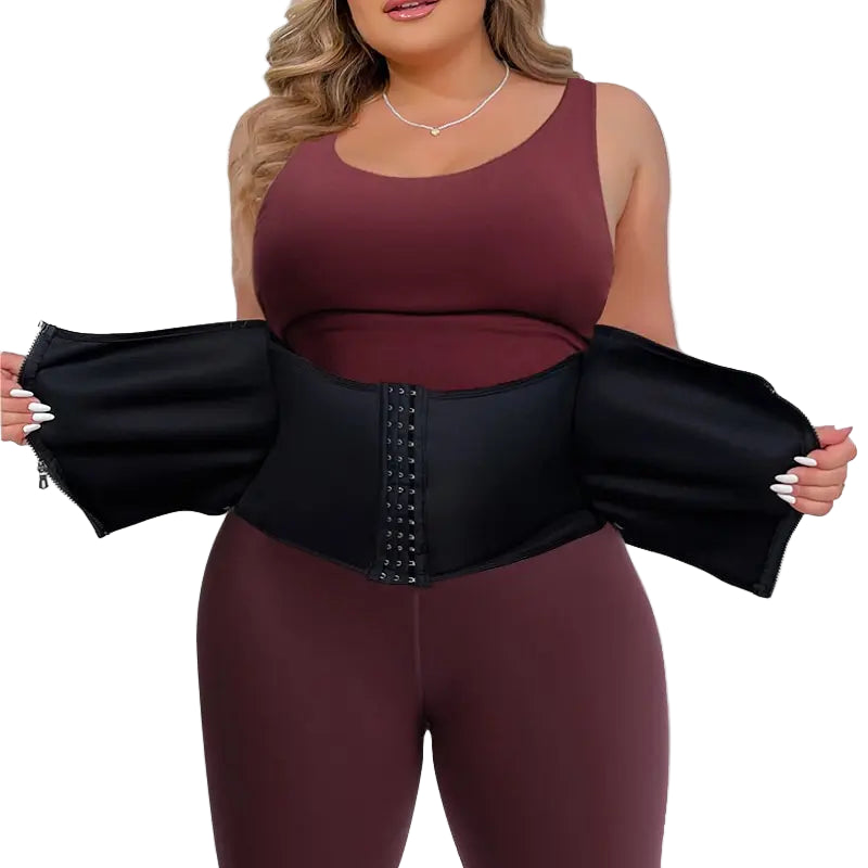 Woman holding a black waist trainer against a white background