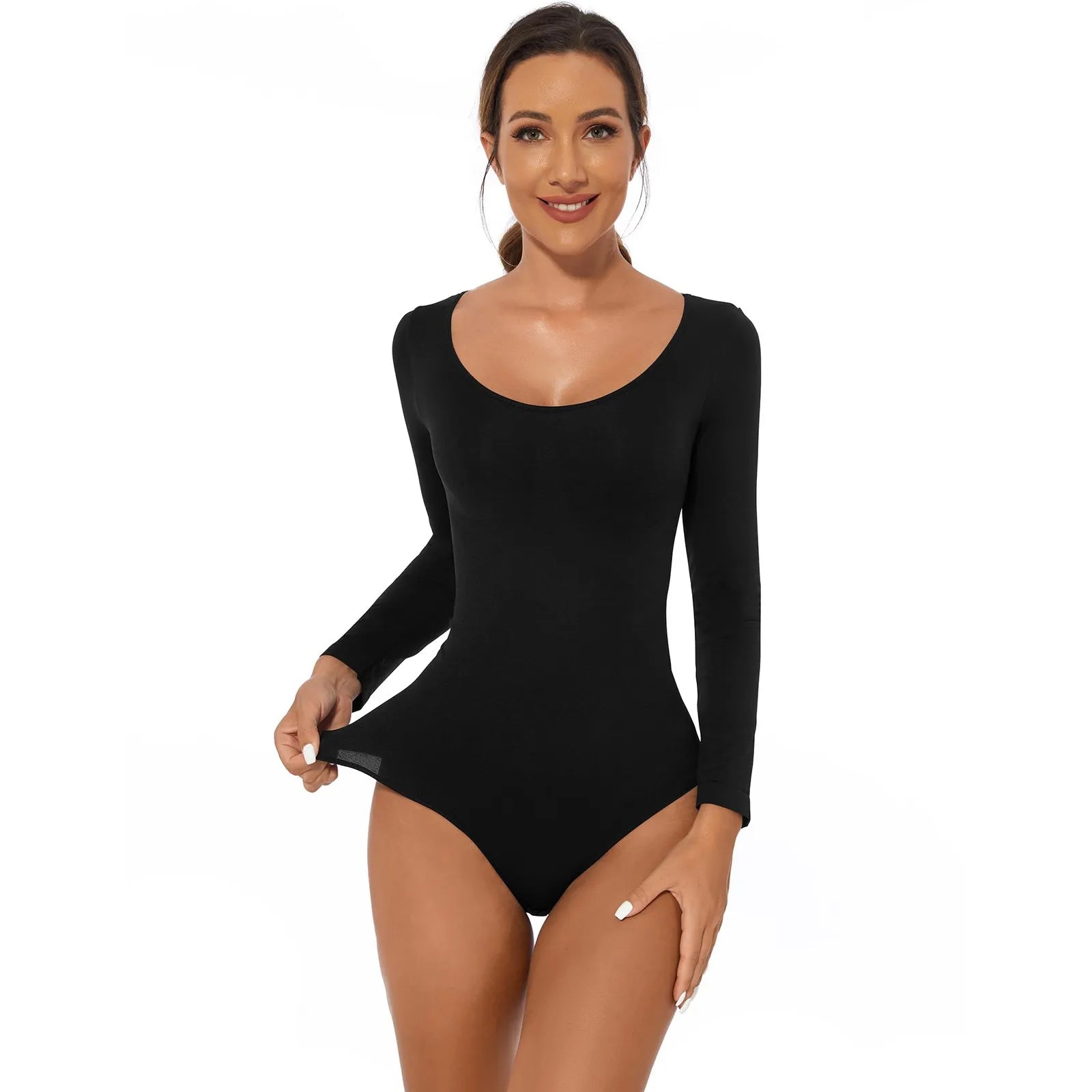 Women's Long Sleeve Thong Bodysuit – Light Control Shapewear with Waist Slimming & Breathable Stretch Fabric
