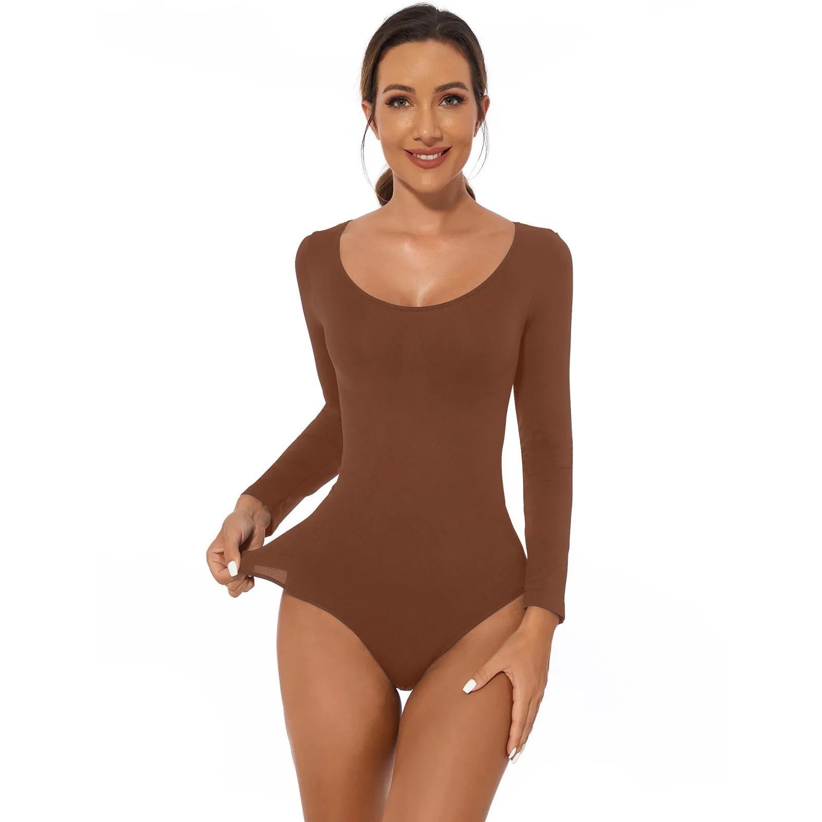 Women's Long Sleeve Thong Bodysuit – Light Control Shapewear with Waist Slimming & Breathable Stretch Fabric